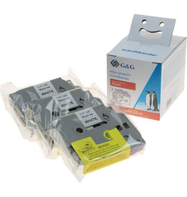 Schriftbandkassette, kompatibel zu Brother TZe-231, schwarz auf weiß, 12 mm breit 8 m lang, laminiert, 3er Pack Schriftbandkassette, kompatibel zu Brother TZe-231, schwarz auf weiß, 12 mm breit 8 m lang, laminiert, 3er Pack