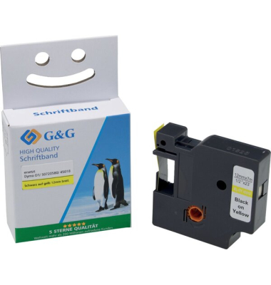 Schriftbandkassette, kompatibel zu Dymo 45018S0720580, 12 mm breit  7 m lang, schwarz auf gelb