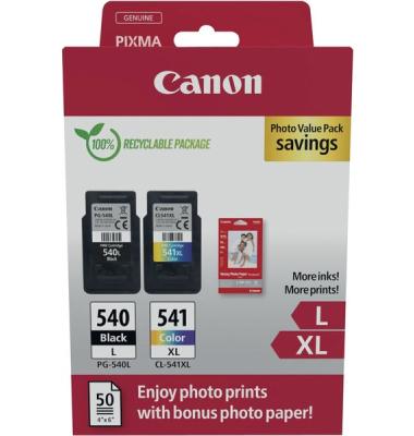 Multipack Tintenpatrone PG-540L, CL-541Xl, für Canon Drucker, 1 x 11 ml, 1 x 15 ml, PBK/BK/C/M/Y, mit Fotopapier, Blisterpackung