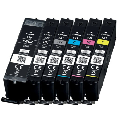 Tintenpatrone Multipack PGI-530 und CLI-531 plus Papier, für Canon Drucker, 1 x 18,5 ml,  5 x 8,5 ml, fotoschwarz, schwarz, cyan
