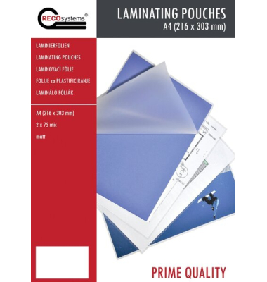 Laminierfolien Prime Quality RK1805094, A4, 216x303mm, 75mic x2, matt Laminierfolien Prime Quality RK1805094, A4, 216x303mm, 75mic x2, matt