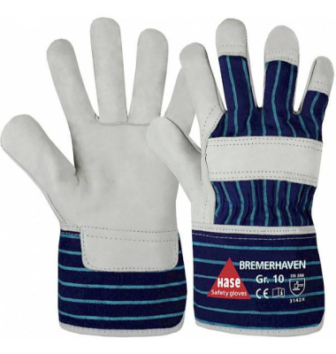 Arbeitshandschuhe Bremerhaven, Leder, natur/blau, Gr&ouml;&szlig;e 6