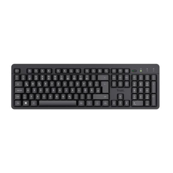Trust ODY II Leise Tastatur Kabellos Deutsches Layout (QWERTZ), Schwarz | Flachen Tasten, Funktastatur Spritzwassergeschützt, RF 2.4GHz USB-Empfänger, PC Laptop Computer Mac