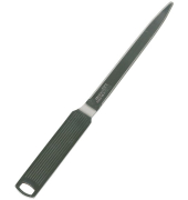 Brieföffner 23,2 cm aus rostfreiem Edelstahl, aufgebogene Klinge, Längsrillen-Gravur, am Griff Auf- hängevorrichtung
