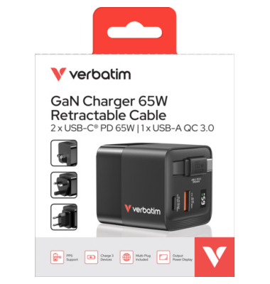 Ladegerät Charger 65W 3-fach Kabel sw.