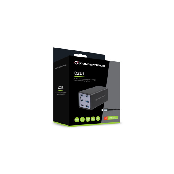 Conceptronic 6-Port 200W GaN USB-PD 3.1-Ladegerät mit USB-C-Ladekabel, USB-C x 4, USB-A x 2, QC 3.0, PD 3.1