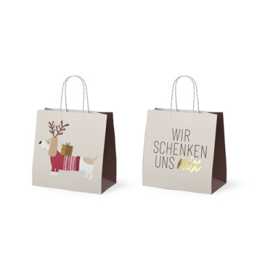 Geschenktasche 992162 F&uuml;r Dich, Weihnachten, mit Tragekordel, &bdquo;Wir schenken uns nix&ldquo; / Dackel, 15cm x 15cm