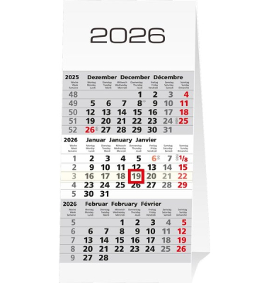 3-Monats-Tischkalender, 3 Monate1 Seite, 10 x 18,5 cm, Karton