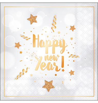 Servietten 33319135, wei&szlig;/gold / New Year, 3-lagig, 33x33cm