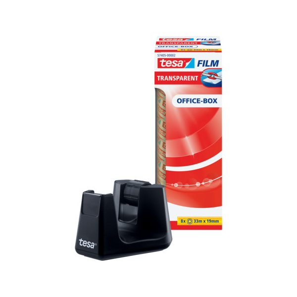 tesa Klebebandabroller tesafilm Easy Cut SMART Schwarz 19 mm (B) x 33 m (L) Recyceltes ABS (Acrylnitril-Butadien-Styrol) Stahl + 8 Rollen tesa Klebefilm Office-Box