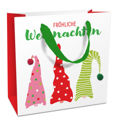 Geschenktasche 1685-25502, Weihnachten, mit Trageband, Wichtelm&uuml;tzen, 17cm x 17cm