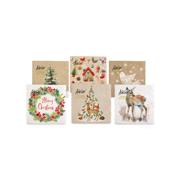 24 Stück Braun und Company Weihnachtsservietten Atelier 1180-25366, farbig sortiert / Merry Christmas, 3-lagig, 33x33cm  Braun und Company 20 Stück