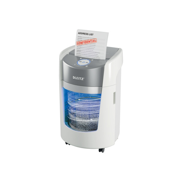 4002432142460 - AKTION LEITZ IQ OptiMax Small Office 350 Aktenvernichter mit Partikelschnitt P-5 2 x15 mm bis 8 Blatt weiß mit 20 Euro CashBack
