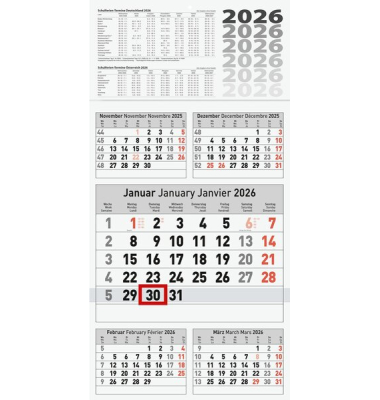 5-Monats-Wandkalender, 5 Monate/1 Seite, 30 x 58,5 cm, Datumsschieber rot, aktueller Monat in der Mitte, drüber 2 Vormonate und 