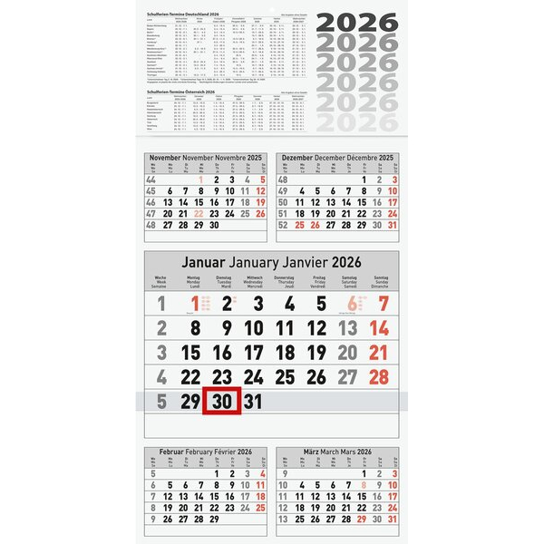 Baier und Schneider 5-Monats-Wandkalender, 5 Monate/1 Seite, 30 x 58,5 cm, Datumsschieber rot, aktueller Monat in der Mitte, drüber 2 Vormonate und