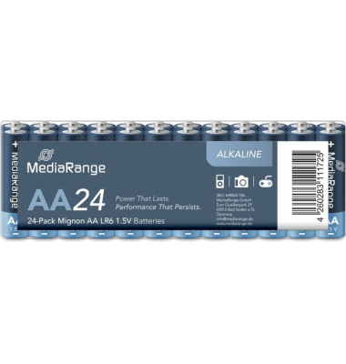 Alkaline Batterien, Mignon, AA, LR6, 1,5 V, Abmessungen: ø 13 x 50 mm, 0 % Kadmium und Quecksilber, 24er Pack