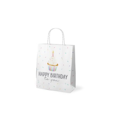Geschenktasche 991224 F&uuml;r Dich, Geburtstag, mit Tragekordel, &bdquo;Happy Birthday&ldquo; / Cupcake, 20cm x 24cm