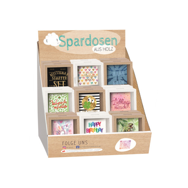 18 Stück Alpedia Spardose Kasten (klein) 01-0340 u.K-1002 , Motiv sortiert  Alpedia