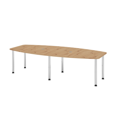 Konferenztisch K-Serie, manuell h&ouml;henverstellbar 72-74cm (H), 280x85-130cm (BxT), 10 Personen, Tonnenform, asteiche / chrom