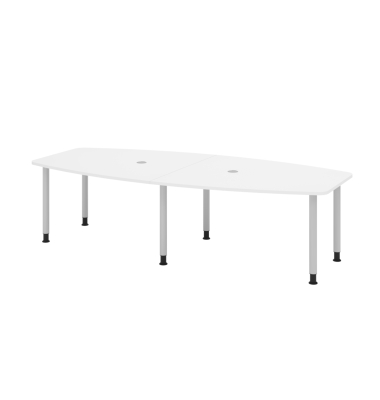 Konferenztisch VKT, manuell h&ouml;henverstellbar 72-74cm (H), 280x85-130cm (BxT), 10 Personen, Tonnenform, wei&szlig; / silber