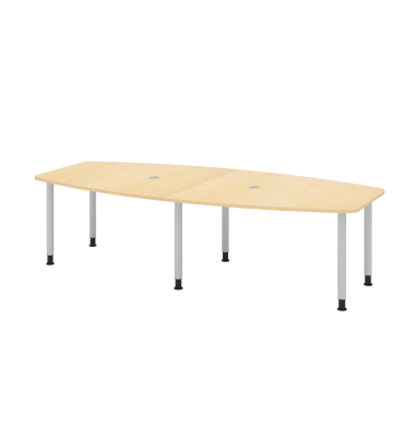 Konferenztisch K-Serie, manuell h&ouml;henverstellbar 72-74cm (H), 280x85-130cm (BxT), 10 Personen, Tonnenform, ahorn / silber