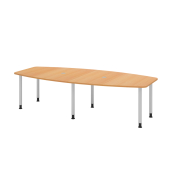 Konferenztisch, manuell höhenverstellbar 72-74cm (H), 280cmx85-130cm (BxT), 10 Personen, Tonnenform, buche / silber