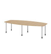 Konferenztisch, manuell höhenverstellbar 72-74cm (H), 280cmx85-130cm (BxT), 10 Personen, Tonnenform, eiche / silber