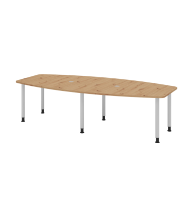 Konferenztisch K-Serie, manuell h&ouml;henverstellbar 72-74cm (H), 280x85-130cm (BxT), 10 Personen, Tonnenform, asteiche / silber
