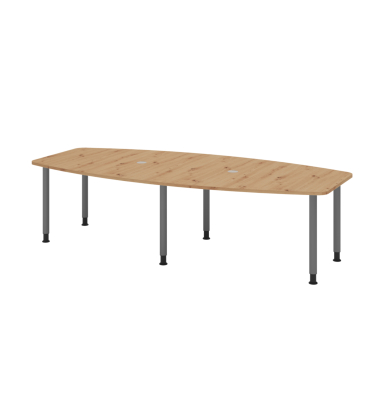 Konferenztisch K-Serie, manuell h&ouml;henverstellbar 72-74cm (H), 280x85-130cm (BxT), 10 Personen, Tonnenform, asteiche / graphit