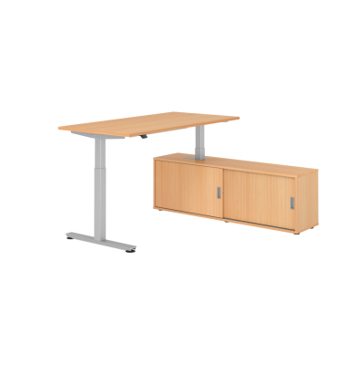 Schreibtischkombination, h&ouml;henverstellbar 71-120cm (H), 160x80cm (BxT), rechteckig, buche / silber