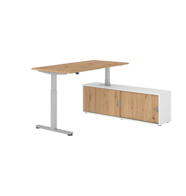 Schreibtischkombination, h&ouml;henverstellbar 71-120cm (H), 160x80cm (BxT), rechteckig, asteiche / silber