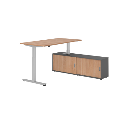Sitz-Steh-Schreibtischkombination VXMST, h&ouml;henverstellbar 71-120cm (H), 160x80cm (BxT), rechteckig, nussbaum / silber
