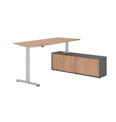 Sitz-Steh-Schreibtischkombination VXMST, h&ouml;henverstellbar 71-120cm (H), 180x80cm (BxT), rechteckig, nussbaum / silber