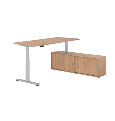 Sitz-Steh-Schreibtischkombination XDSM 19, h&ouml;henverstellbar 63-127cm (H), 180x80cm (BxT), rechteckig, nussbaum / silber