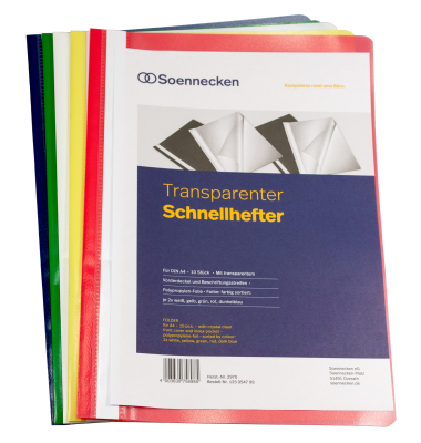 Schnellhefter 2970, A4, je 2 x weiß/gelb/grün/rot/dunkelblau, Polypropylen, Vorderdeckel transparent