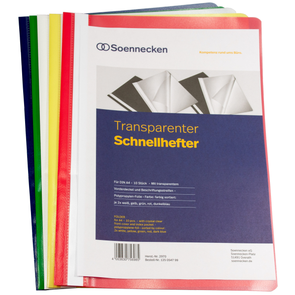 4003630756985 - Schnellhefter 2970 A4 je 2 x weiß gelb grün rot dunkelblau Polypropylen (PP) Vorderdeckel transparent 4003630756985 Soenneck 10 Stück
