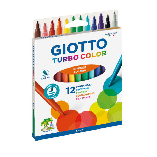 Giotto Turbo Color Fasermaler mit feiner Spitze, intensive Farben, abwaschbar, 12 Stück
