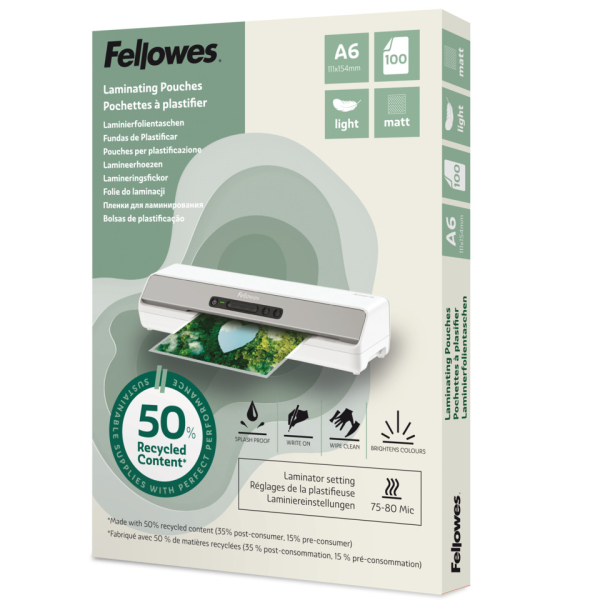 Fellowes Laminierfolien 100143438, A6, 111x154mm (BxH), 80mic, matt 0043859813858 Fellowes 100 Stück