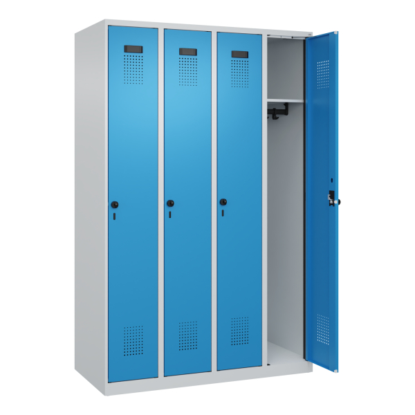 4067521932933 - Kleiderspind Evolo Plus 4 Abteile Anschlag rechts Sicherheits-Drehriegel B 1200 x T 500 x H 1850 mm lichtgrau lichtblau
