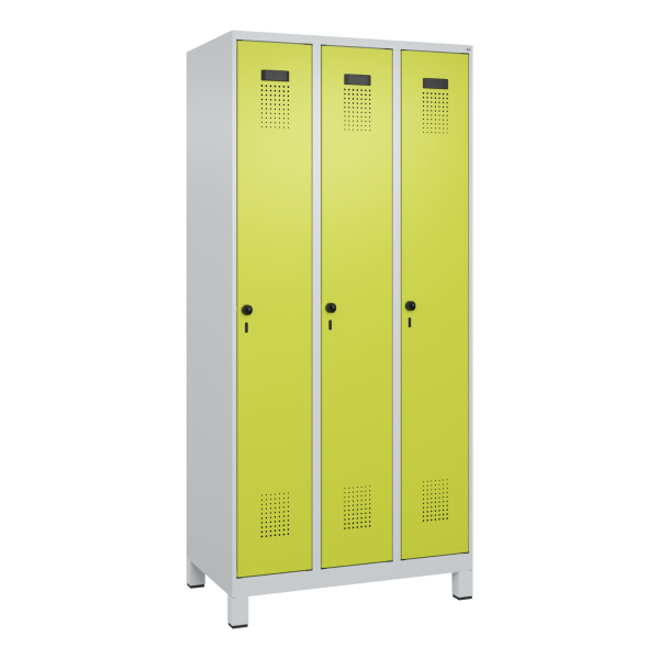 4067521942550 - Kleiderspind Evolo Plus 3 Abteile 300 mm Abteilbreite mit Füßen Drehriegel B 900 x T 500 x H 1950 mm lichtgrau clowngrün