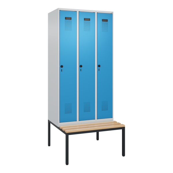 4068192156659 - Kleiderspind Evolo Plus 3 Abteile 300 mm Abteilbreite mit untergebauter Sitzbank B 900 x T 815 x H 2120 mm Drehriegel lichtgrau lichtblau 4068192156659 - Kleiderspind Evolo Plus 3 Abteile 300 mm Abteilbreite mit untergebauter Sitzbank B 900 x T 815 x H 2120 mm Drehriegel lichtgrau lichtblau