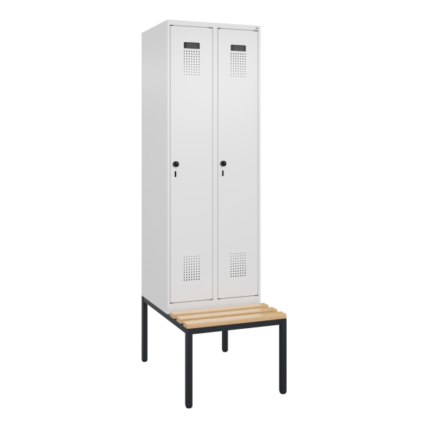 4068192217718 - Kleiderspind Evolo Plus 2 Abteile mit je 300 mm Breite Unterbau-Sitzbank B 600 x T 815 x H 2120 mm Drehriegel verkehrsweiß verkehrsweiß