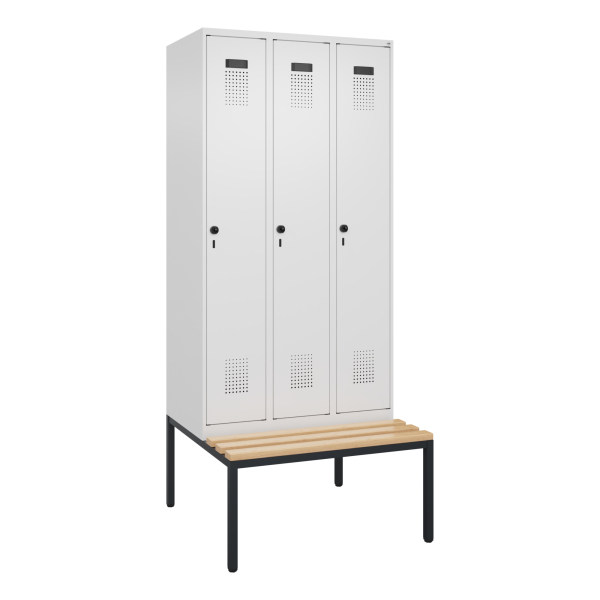 4068192217725 - Kleiderspind Evolo Plus 3 Abteile 300 mm Abteilbreite mit untergebauter Sitzbank B 900 x T 815 x H 2120 mm Drehriegel verkehrsweiß verkehrsweiß
