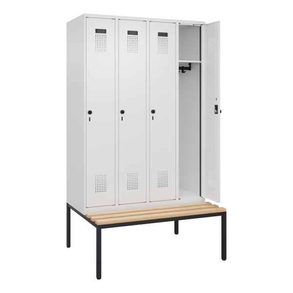 4068192217749 - Kleiderspind Evolo Plus 4 Abteile 300 mm Abteilbreite mit untergebauter Sitzbank B 1200 x T 815 x H 2120 mm Drehriegel verkehrsweiß verkehrsweiß