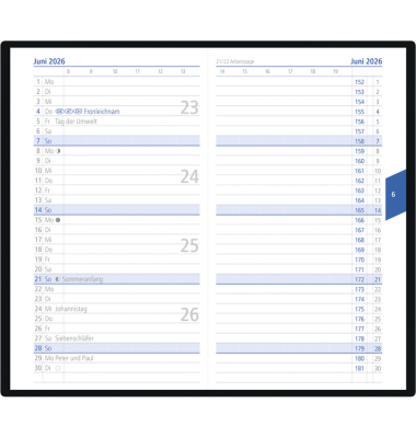 Taschenkalender 520-1020, schwarz, 1 Monat / 2 Seiten, 9,5x16cm (A6), 2026