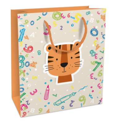 Geschenktasche 1502-25450, Schulanfang / Kindergeburtstag, mit Tragekordel, Schultiger, 18cm x 21cm
