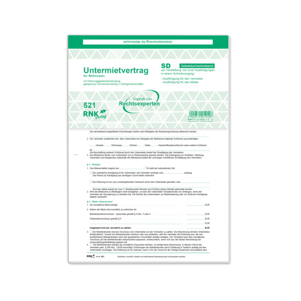 RNK Untermietvertrag für Wohnräume A4 SD 4002871989992 RNK