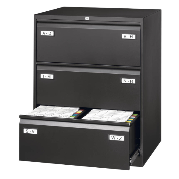 BISLEY Light Hängeregistraturschrank, doppelbahnig, DIN A4, 3 HR-Schubladen, Metall, 633 Schwarz, 62.2 x 80 x 101.6 cm