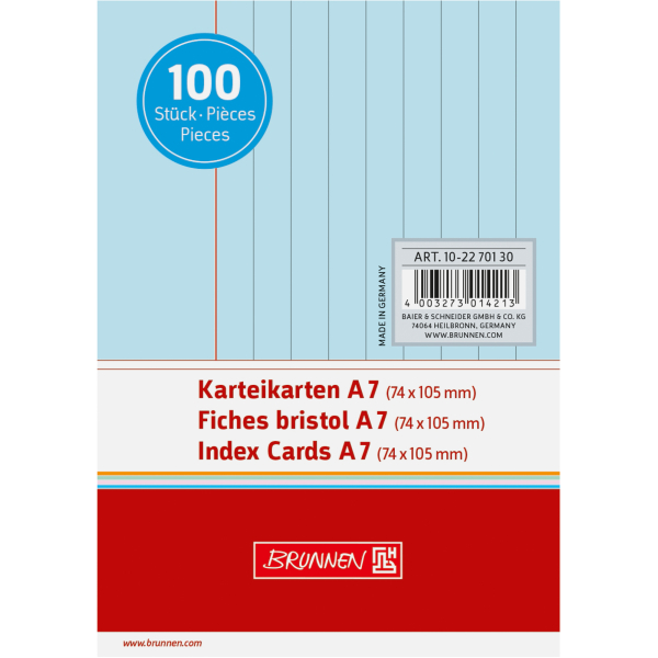 4003273014213 - Karteikarten 102270130 blau A7 liniert 180g  4003273014213 100 Stück