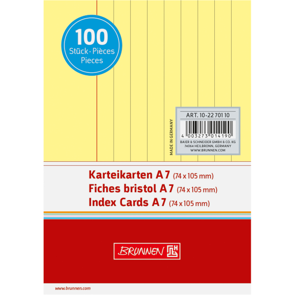 4003273014190 - Karteikarten 102270110 gelb A7 liniert 180g  4003273014190 100 Stück